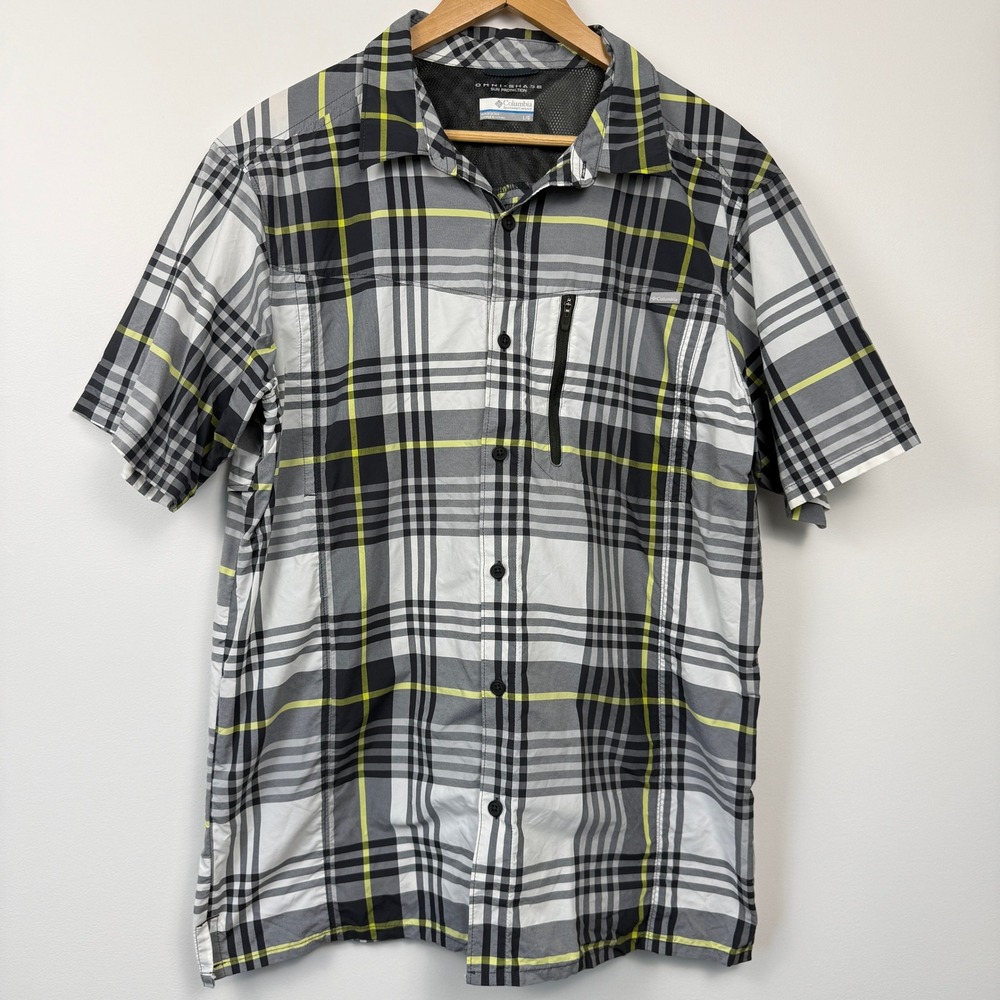 Columbia Omni Shade Plaid Button Up Shirt Mens L Black White Gray Hiking Outdoor